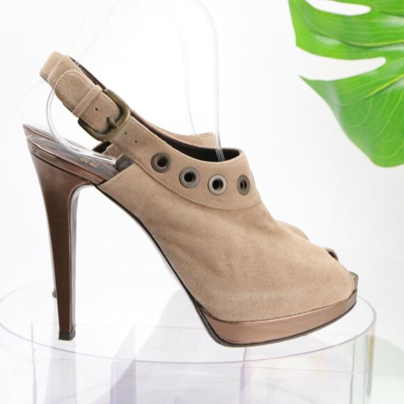 Stuart Weitzman Womens Portside Sandal Size 7 Tan Suede Slingback Peep Toe Heels - Picture 1 of 12